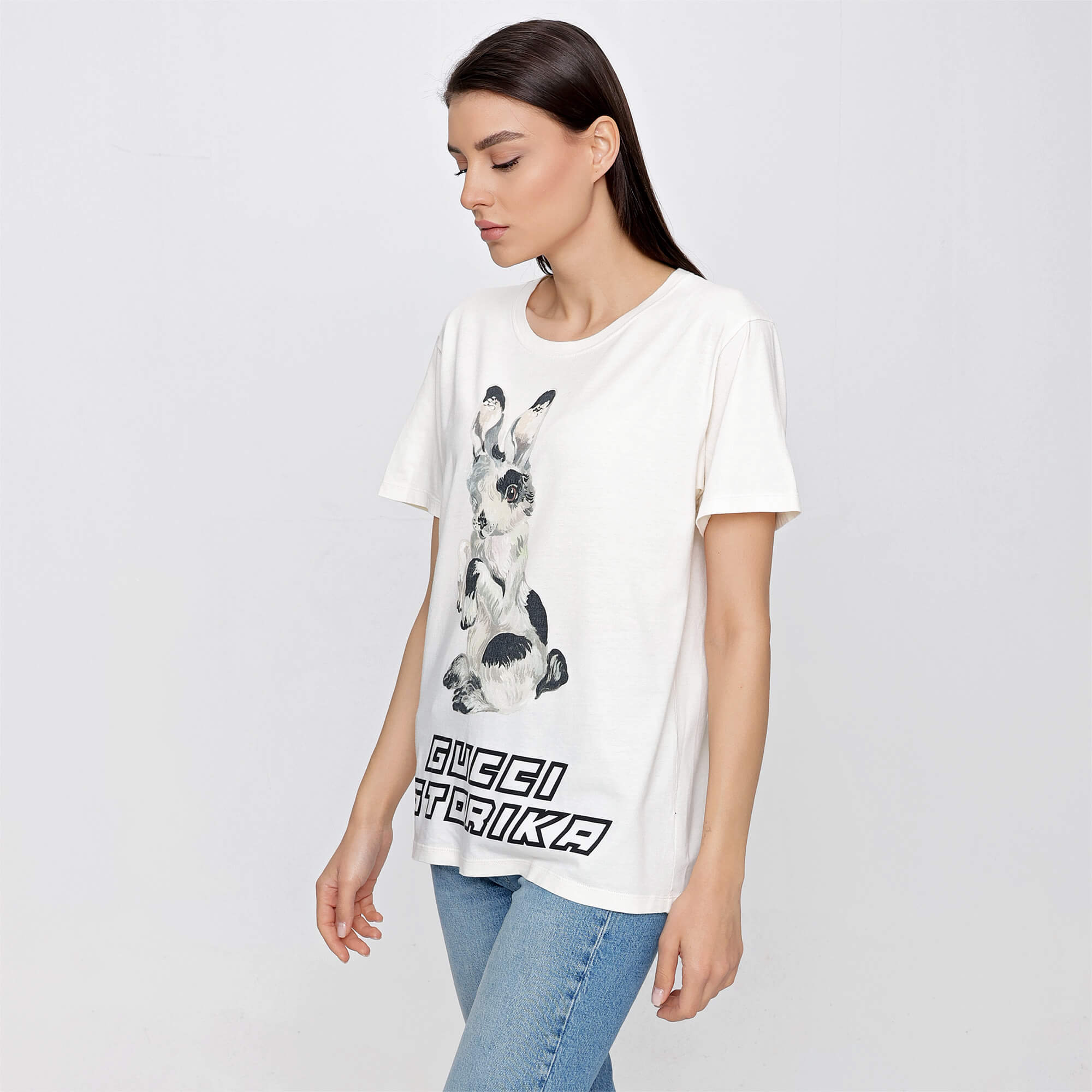 Gucci - Off White Cotton Rabbit Print Storika Tshirt